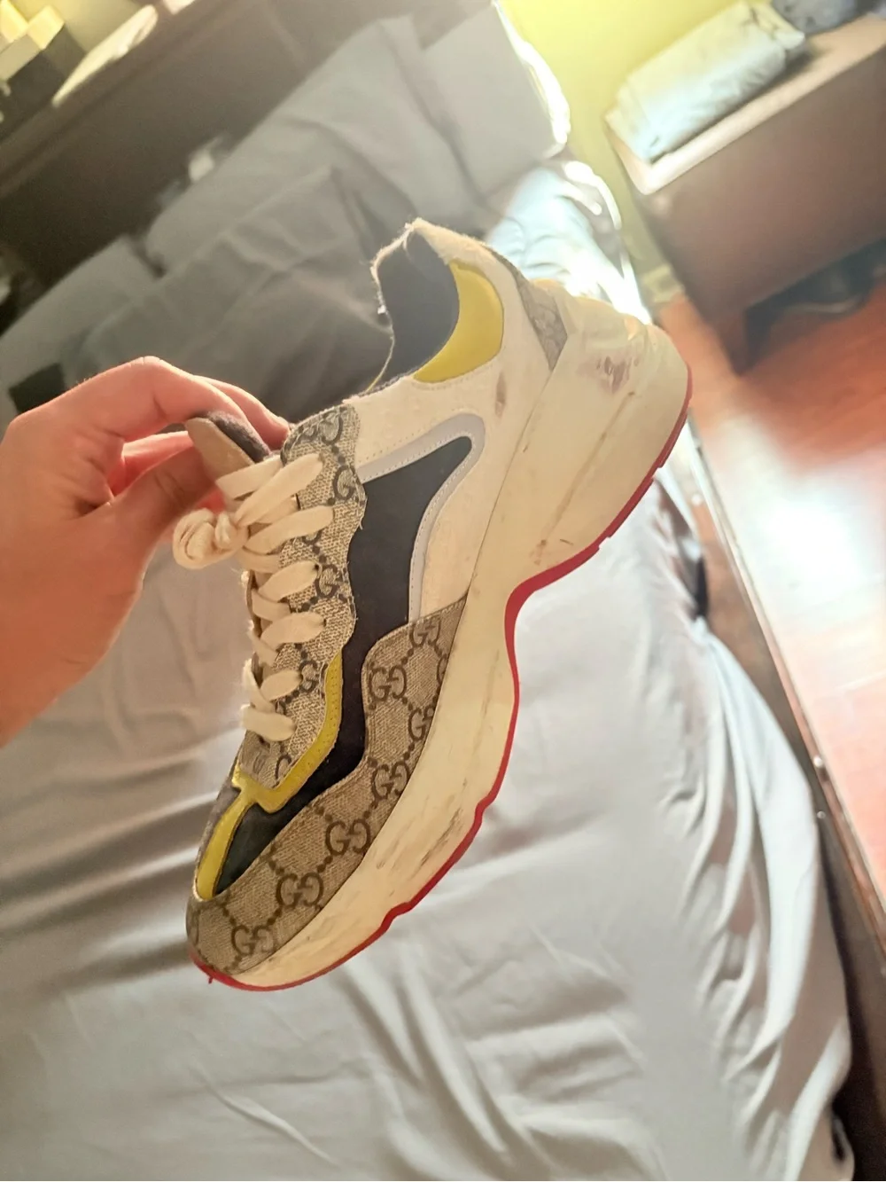 Gucci Men's Gray GG Supreme Chunky Sneaker with Yellow and Red Accents
